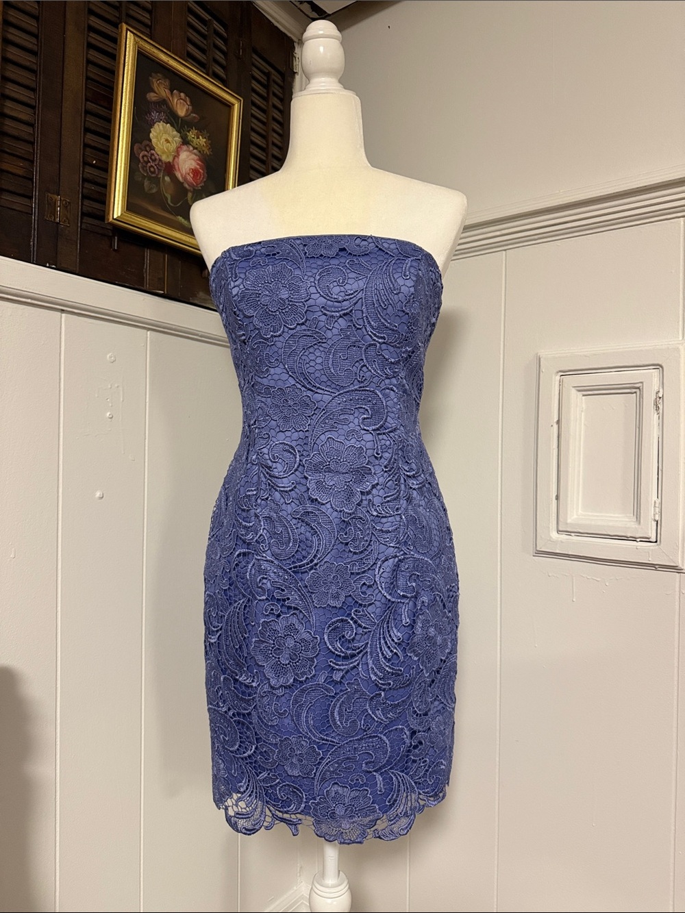 Adrianna Papell Strapless Lace Sheath Dress in Periwinkle Blue/purple Sz 6